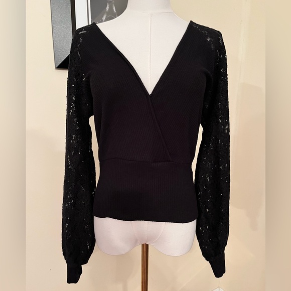 Anthropologie Black V-Neck Sweater with Lace Sleeves - Picture 2 of 7
